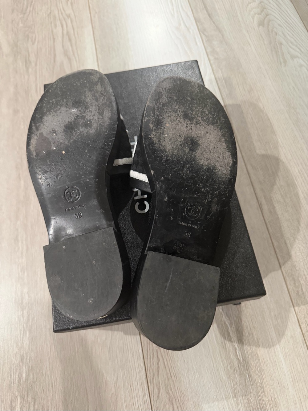 CHANEL Black & White Embroidered Logo Slide Sandals - Picture 5 of 6